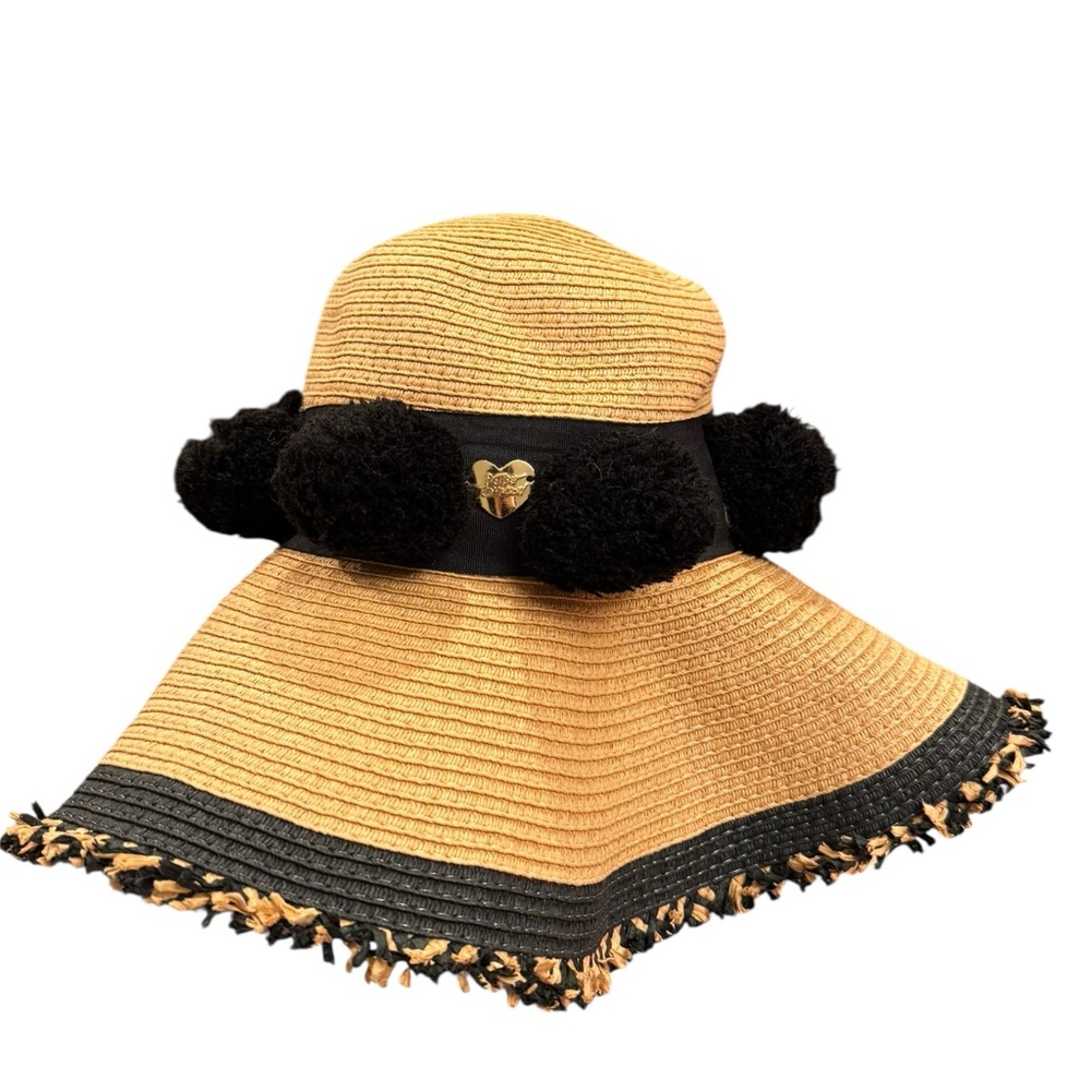 Betsey Johnson Tan and Black Pom Pom Women's Straw Sun Beach Hat Resortwear